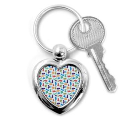 Blue Colorful Cats Silhouettes Pattern Key Chains (heart)  by Contest580383