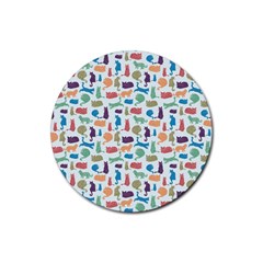 Blue Colorful Cats Silhouettes Pattern Rubber Coaster (round) 