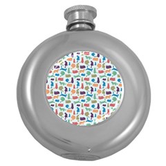 Blue Colorful Cats Silhouettes Pattern Round Hip Flask (5 Oz)