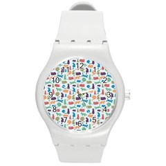 Blue Colorful Cats Silhouettes Pattern Round Plastic Sport Watch (m)