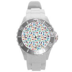 Blue Colorful Cats Silhouettes Pattern Round Plastic Sport Watch (l) by Contest580383