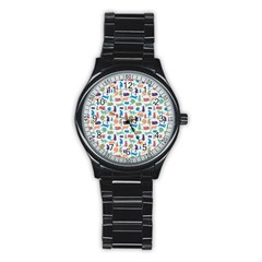 Blue Colorful Cats Silhouettes Pattern Stainless Steel Round Watch