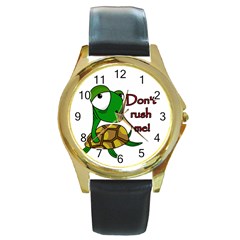 Turtle Joke Round Gold Metal Watch by Valentinaart