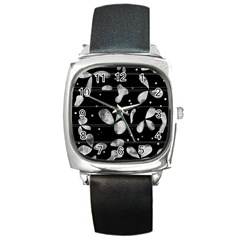 Black And White Floral Abstraction Square Metal Watch