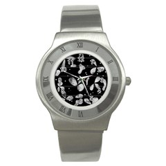 Black And White Floral Abstraction Stainless Steel Watch