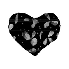 Black And White Floral Abstraction Standard 16  Premium Heart Shape Cushions