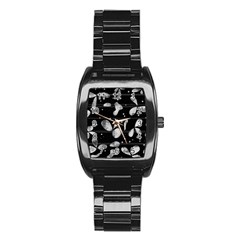 Black And White Floral Abstraction Stainless Steel Barrel Watch by Valentinaart