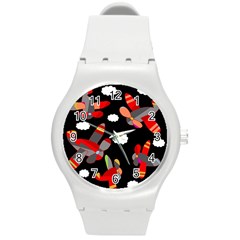 Playful Airplanes  Round Plastic Sport Watch (m) by Valentinaart