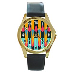 Shapes And Stripes                                                                                                             			round Gold Metal Watch by LalyLauraFLM