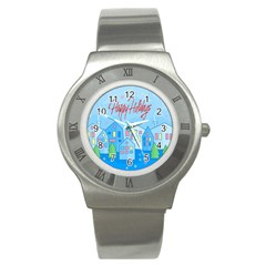 Xmas Landscape - Happy Holidays Stainless Steel Watch by Valentinaart