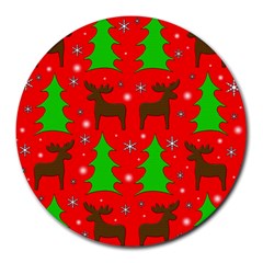 Reindeer And Xmas Trees Pattern Round Mousepads by Valentinaart