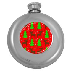 Reindeer And Xmas Trees Pattern Round Hip Flask (5 Oz) by Valentinaart