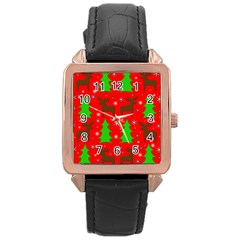 Reindeer And Xmas Trees Pattern Rose Gold Leather Watch  by Valentinaart