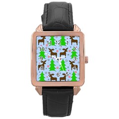 Reindeer and Xmas trees  Rose Gold Leather Watch 