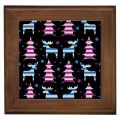 Blue And Pink Reindeer Pattern Framed Tiles by Valentinaart