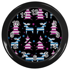 Blue And Pink Reindeer Pattern Wall Clocks (black) by Valentinaart