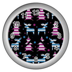 Blue And Pink Reindeer Pattern Wall Clocks (silver)  by Valentinaart