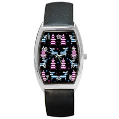 Blue And Pink Reindeer Pattern Barrel Style Metal Watch by Valentinaart