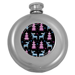 Blue And Pink Reindeer Pattern Round Hip Flask (5 Oz) by Valentinaart