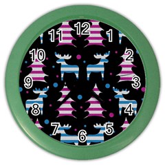 Blue And Pink Reindeer Pattern Color Wall Clocks by Valentinaart