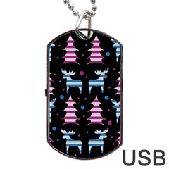 Blue And Pink Reindeer Pattern Dog Tag Usb Flash (one Side) by Valentinaart