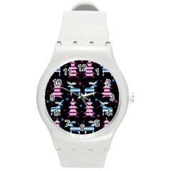 Blue And Pink Reindeer Pattern Round Plastic Sport Watch (m) by Valentinaart