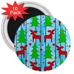 Xmas Reindeer Pattern - Blue 3  Magnets (10 Pack)  by Valentinaart