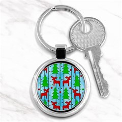 Xmas Reindeer Pattern - Blue Key Chains (round)  by Valentinaart