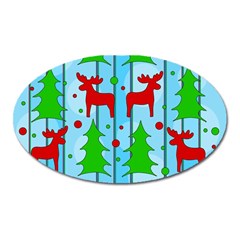 Xmas Reindeer Pattern - Blue Oval Magnet by Valentinaart