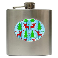 Xmas Reindeer Pattern - Blue Hip Flask (6 Oz) by Valentinaart