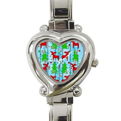 Xmas Reindeer Pattern - Blue Heart Italian Charm Watch by Valentinaart