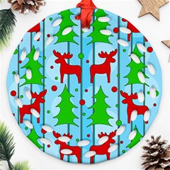 Xmas Reindeer Pattern - Blue Ornament (round Filigree)  by Valentinaart