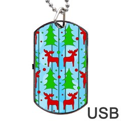 Xmas Reindeer Pattern - Blue Dog Tag Usb Flash (one Side) by Valentinaart