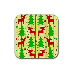 Xmas Reindeer Pattern - Yellow Rubber Coaster (square)  by Valentinaart