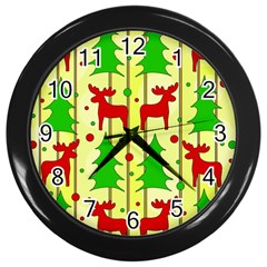 Xmas Reindeer Pattern - Yellow Wall Clocks (black) by Valentinaart