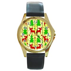 Xmas Reindeer Pattern - Yellow Round Gold Metal Watch by Valentinaart