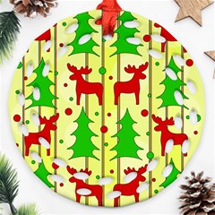 Xmas Reindeer Pattern - Yellow Round Filigree Ornament (2side) by Valentinaart