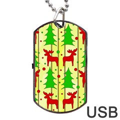 Xmas Reindeer Pattern - Yellow Dog Tag Usb Flash (one Side) by Valentinaart