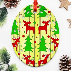 Xmas Reindeer Pattern - Yellow Ornament (oval Filigree)  by Valentinaart