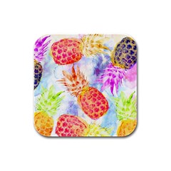 Colorful Pineapples Over A Blue Background Rubber Square Coaster (4 Pack)  by DanaeStudio