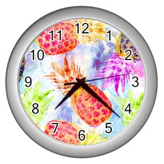 Colorful Pineapples Over A Blue Background Wall Clocks (silver)  by DanaeStudio