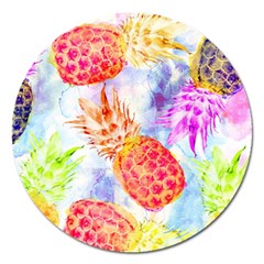 Colorful Pineapples Over A Blue Background Magnet 5  (round) by DanaeStudio