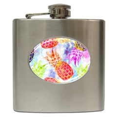 Colorful Pineapples Over A Blue Background Hip Flask (6 Oz) by DanaeStudio