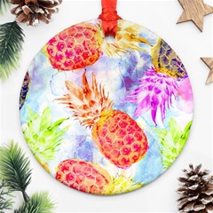 Colorful Pineapples Over A Blue Background Round Ornament (two Sides) 