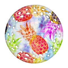 Colorful Pineapples Over A Blue Background Round Filigree Ornament (2side)