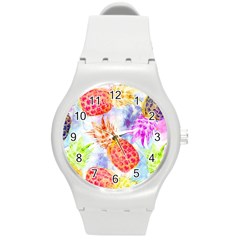 Colorful Pineapples Over A Blue Background Round Plastic Sport Watch (m)