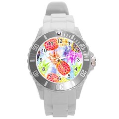 Colorful Pineapples Over A Blue Background Round Plastic Sport Watch (l) by DanaeStudio