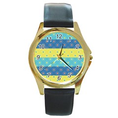 Hexagon And Stripes Pattern Round Gold Metal Watch by DanaeStudio