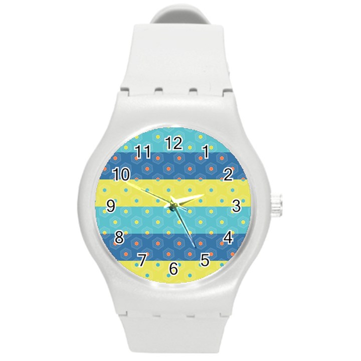 Hexagon And Stripes Pattern Round Plastic Sport Watch (M)