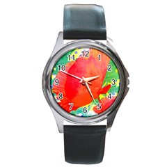 Lovely Red Poppy And Blue Dots Round Metal Watch by DanaeStudio